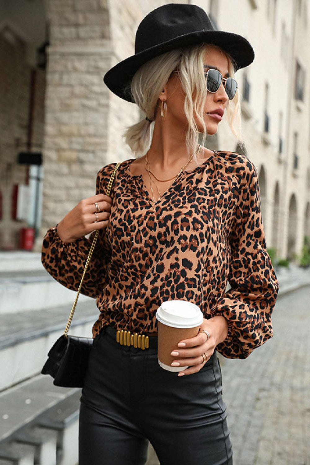 Leopard Lantern Sleeve Blouse 