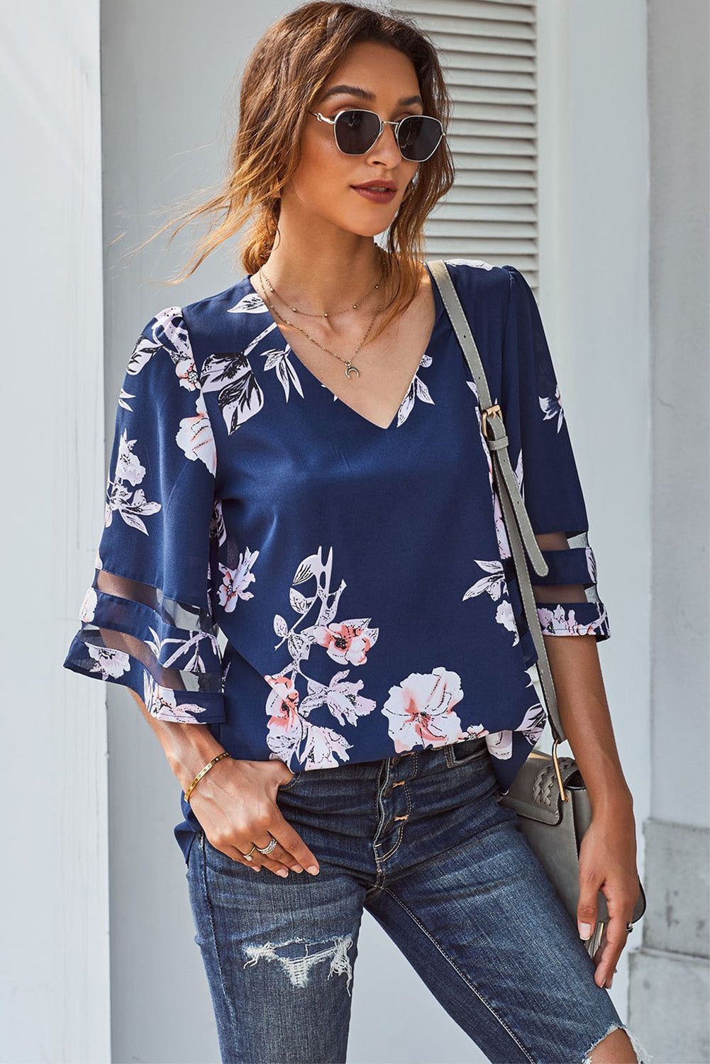 Printed Flare Sleeve Top - Babbazon Tops