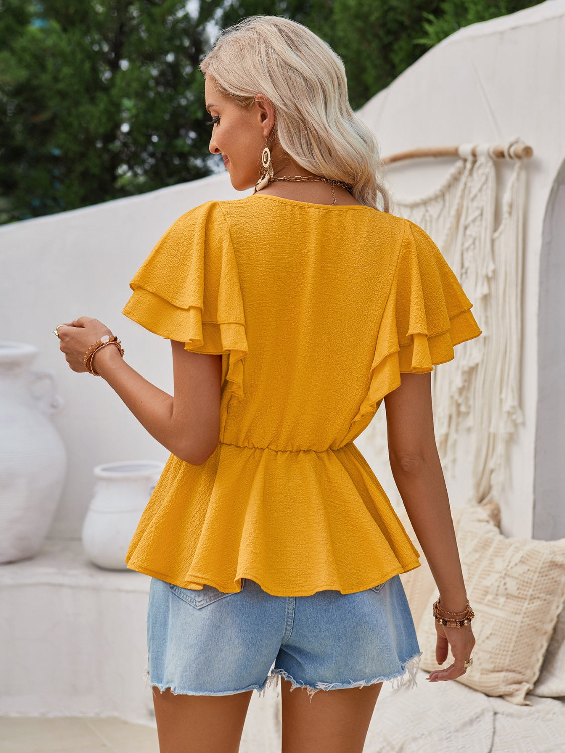 Ruffled V-Neck Peplum Blouse 