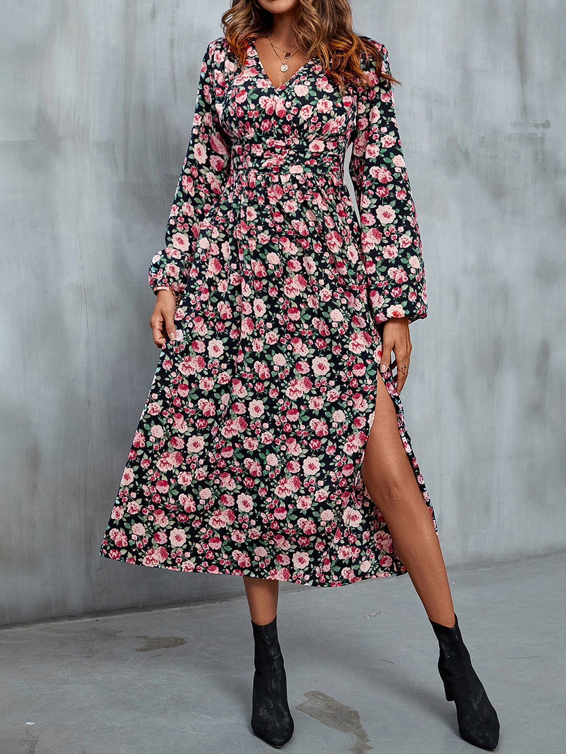 Floral V-Neck Slit Midi Dress 