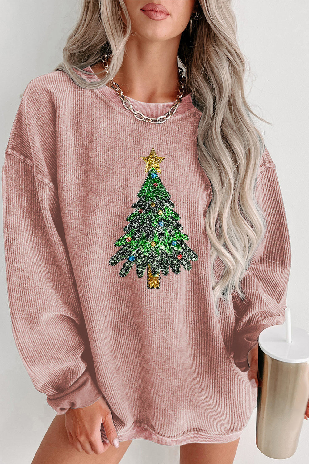 Sequin Christmas Tree Ribbed Drop Shoulder Sweatshirt - Babbazon Tops