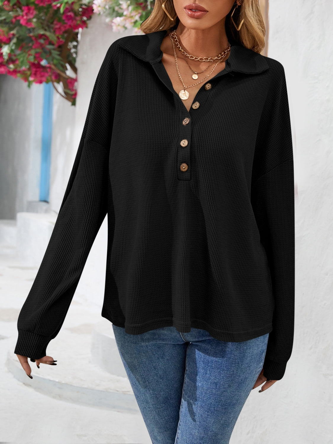 Half Button Collared Neck Long Sleeve Top 