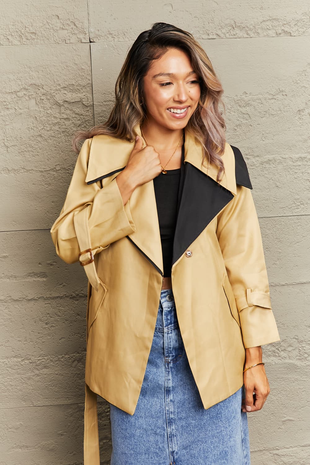 Tie Waist Lapel Collar Trench Coat 