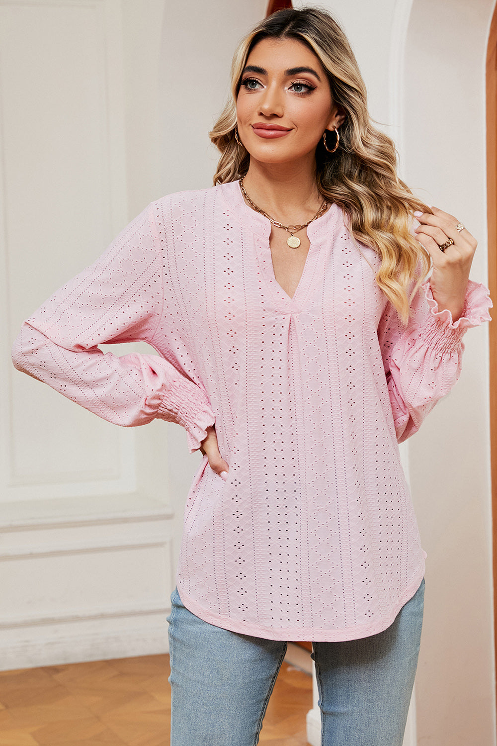 Eyelet Notched Long Sleeve T-Shirt