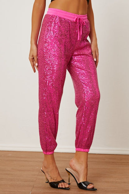 Sequin Drawstring Pants with Pockets 