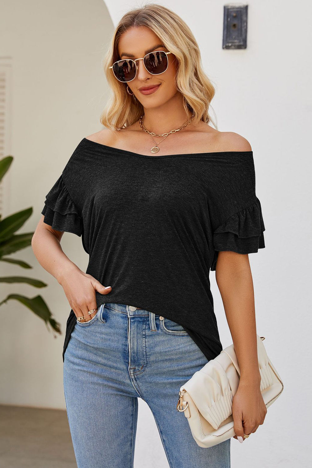 Ruffled V-Neck Flutter Sleeve T-Shirt 