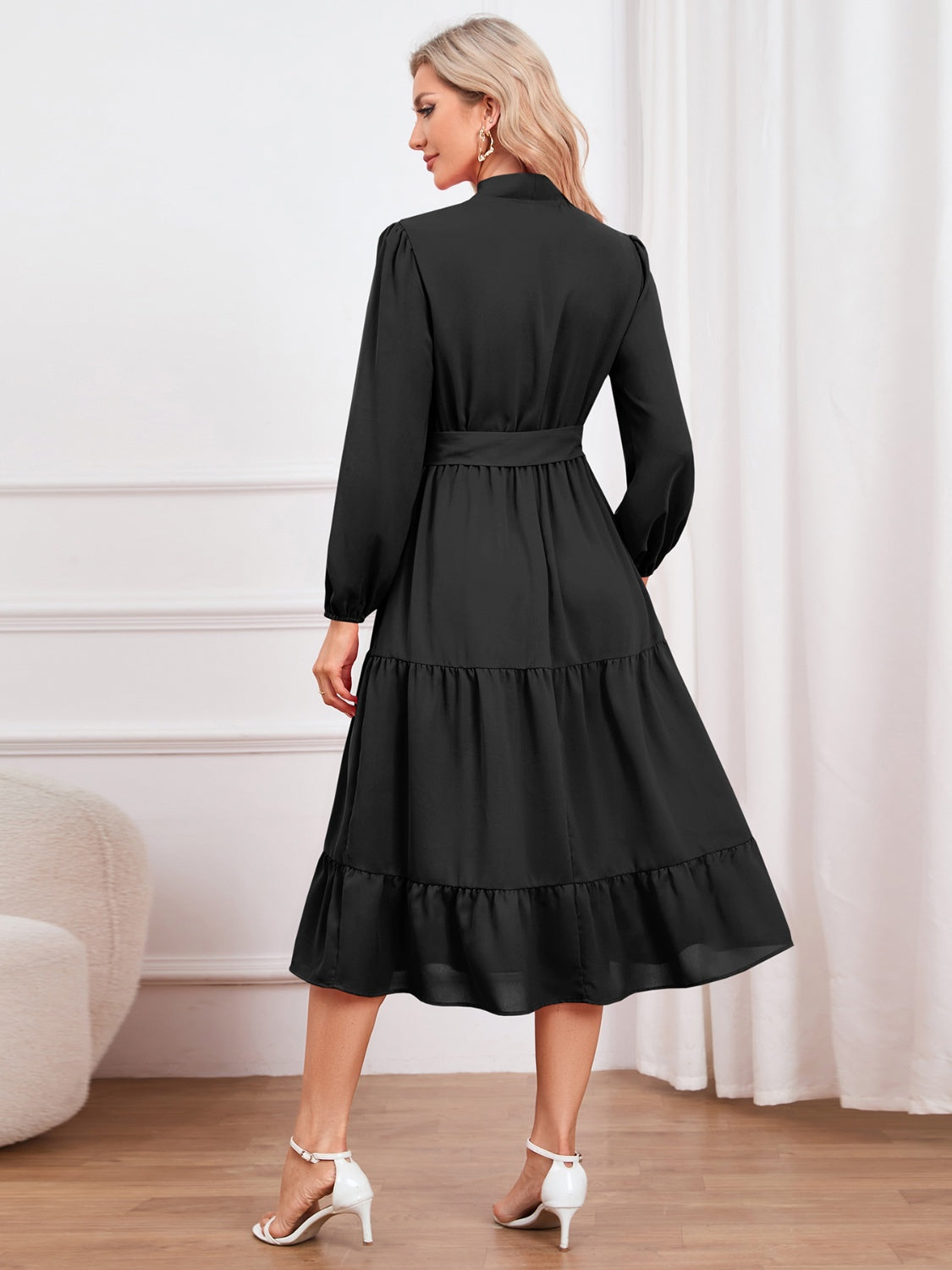 Tie Neck Long Sleeve Tiered Dress 