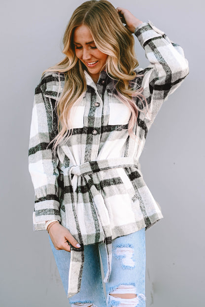 Plaid Tie Front Collared Neck Jacket 