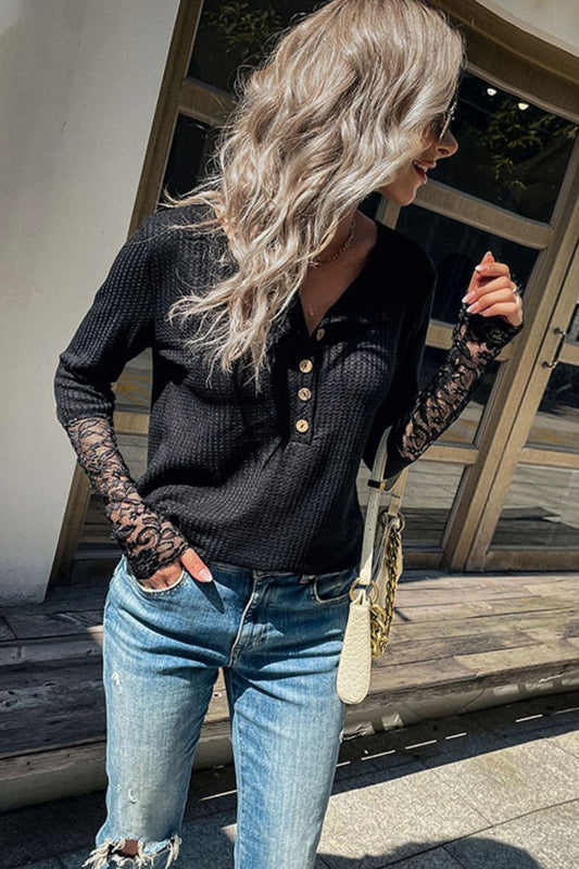 Half Button Spliced Lace Waffle-Knit Top 