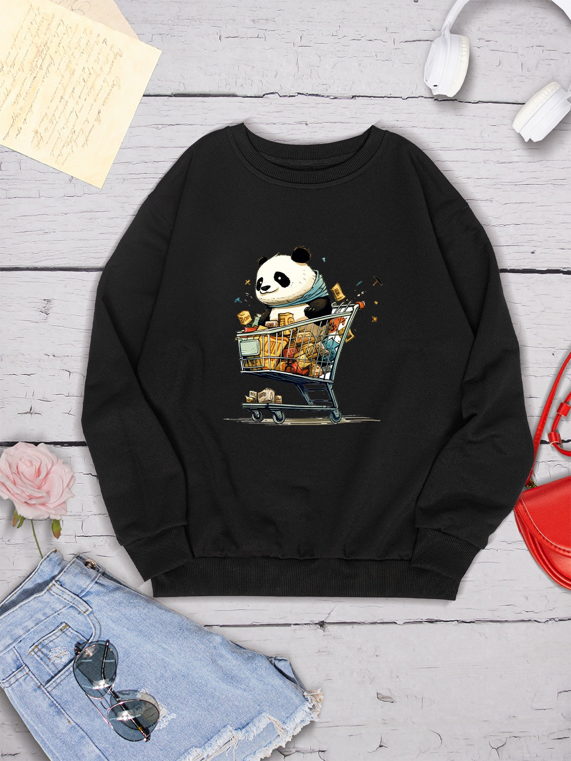 Panda Round Neck Dropped Shoulder Sweatshirt 