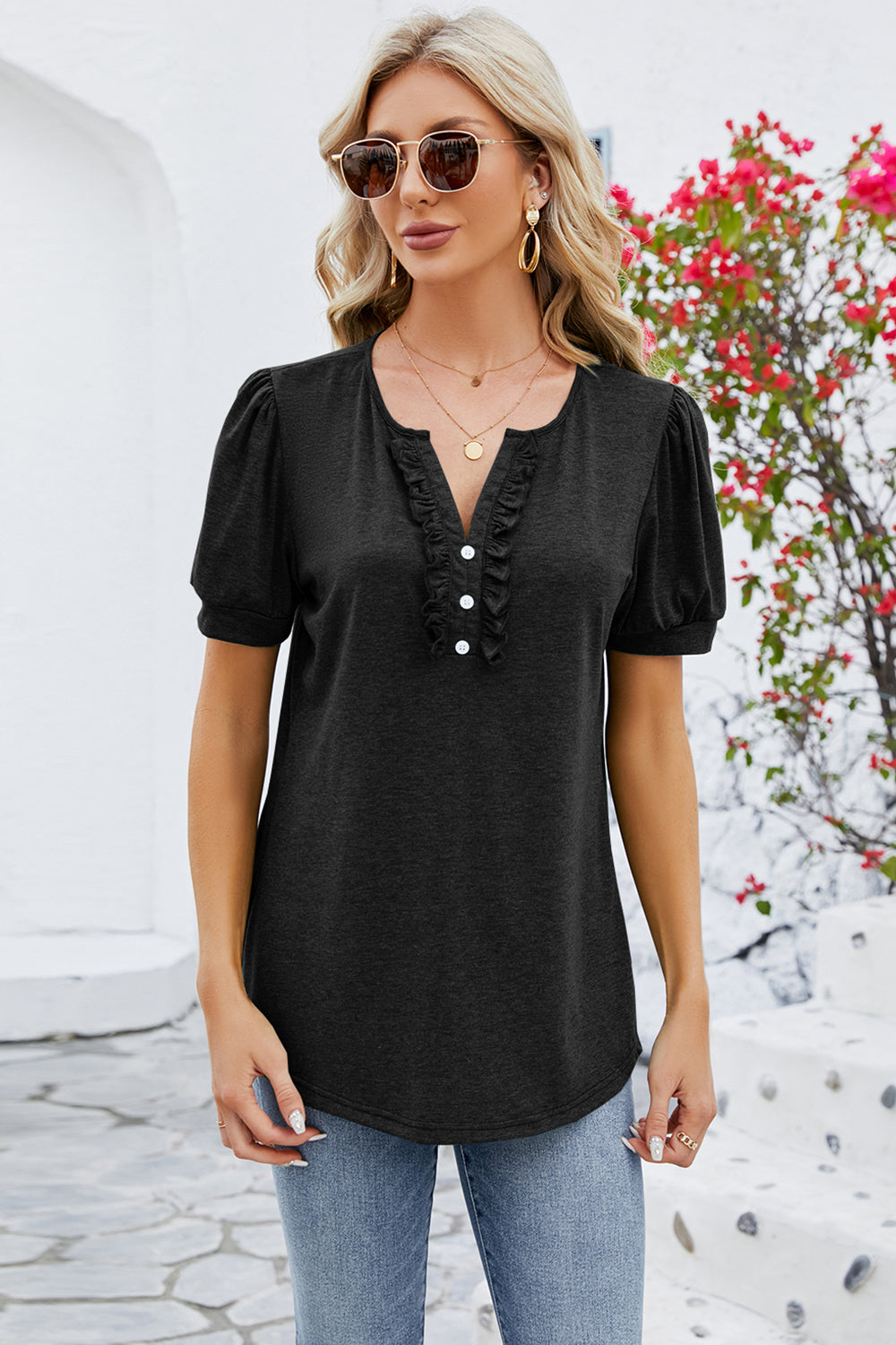 Frill Notched Short Sleeve Blouse 