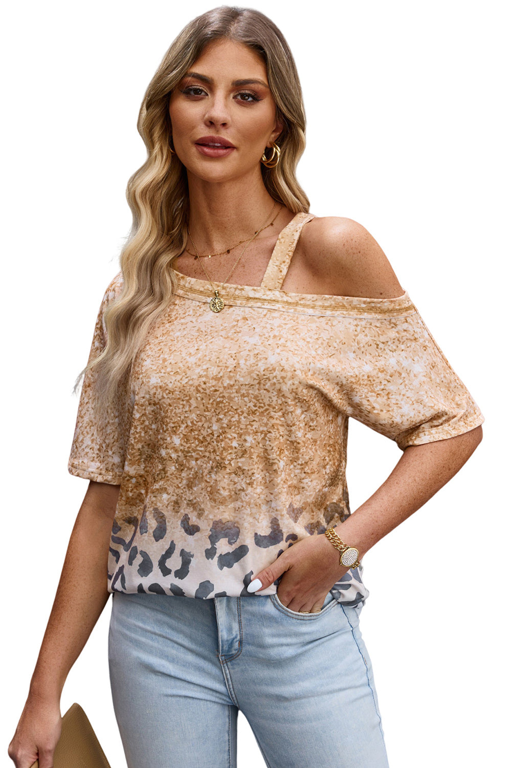 Leopard Asymmetrical Neck Cold-Shoulder Blouse 