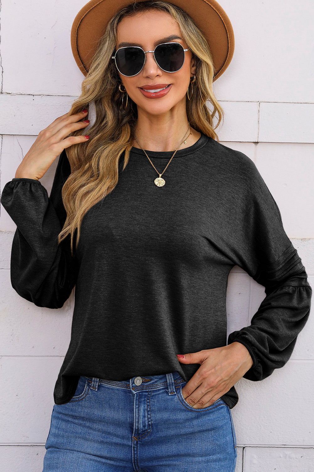 Round Neck Balloon Sleeve T-Shirt 