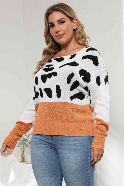 Plus Size Leopard Round Neck Long Sleeve Sweater 