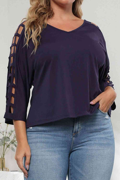 Plus Size Cutout Three-Quarter Sleeve Blouse 