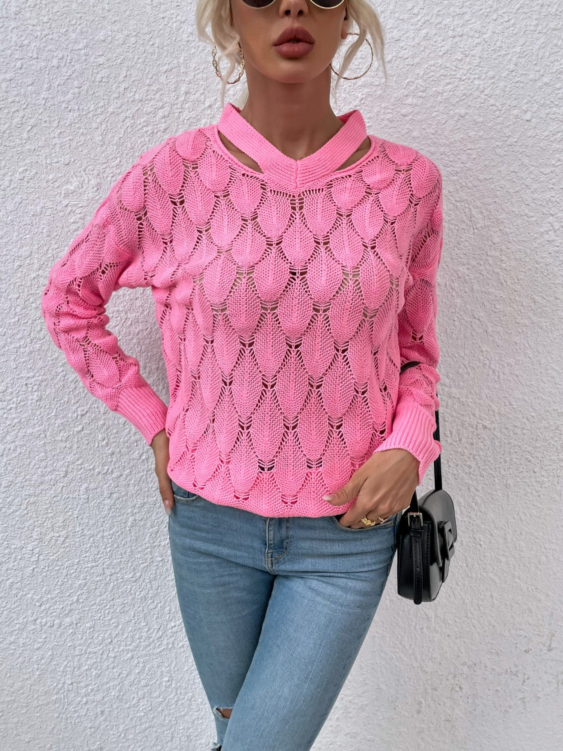 Openwork Cutout Dropped Shoulder Sweater 