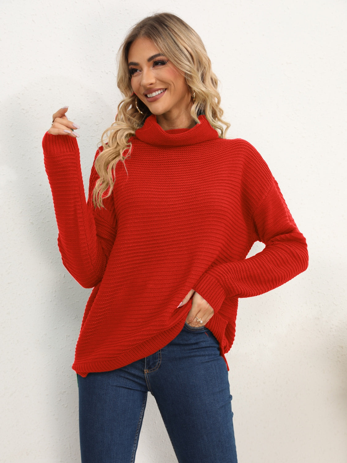 Slit Turtleneck Dropped Shoulder Sweater 