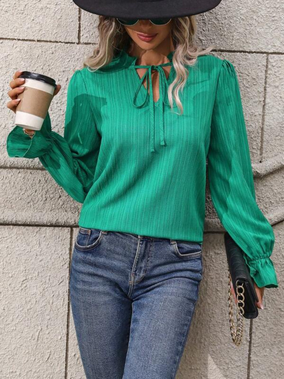 Frill Tie Neck Flounce Sleeve Blouse 