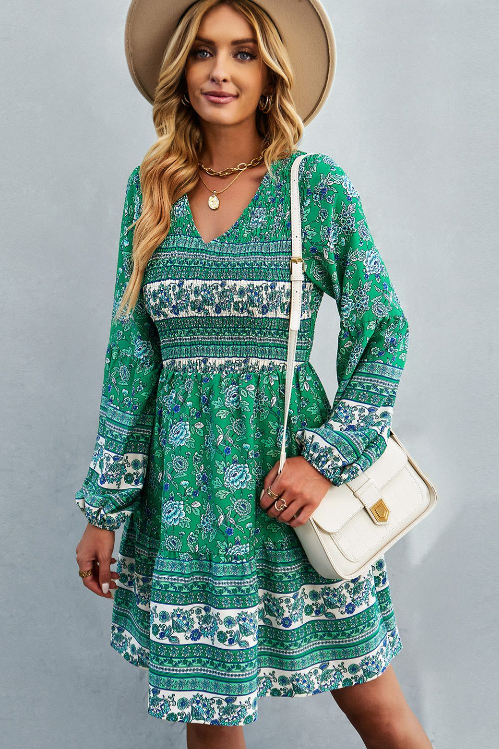 Bohemian V-Neck Balloon Sleeve Dress 