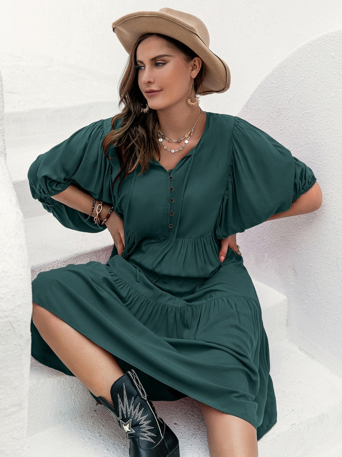 Plus Size Tie Neck Balloon Sleeve Midi Dress 