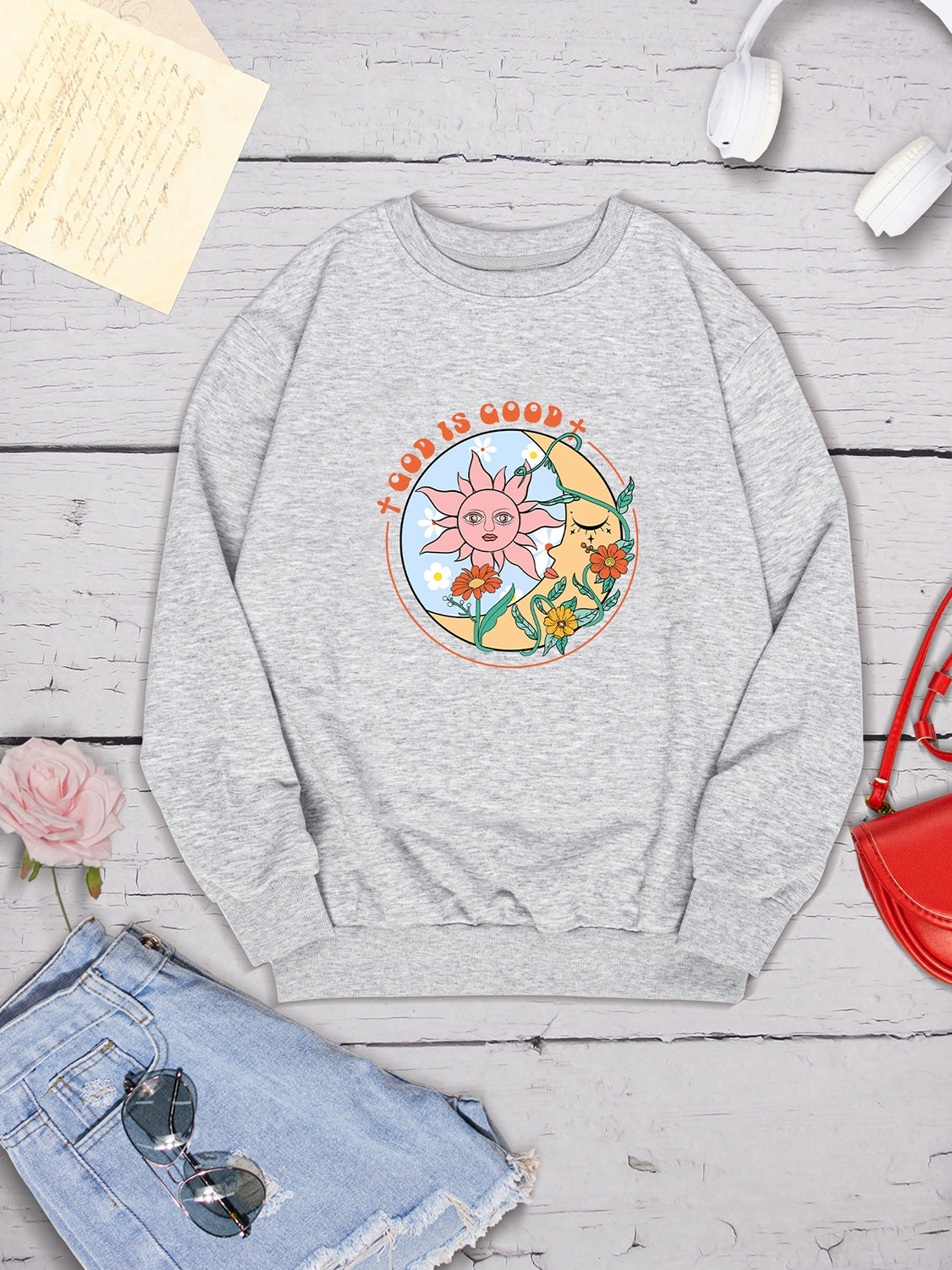 Graphic Round Neck Dropped Shoulder Sweatshirt