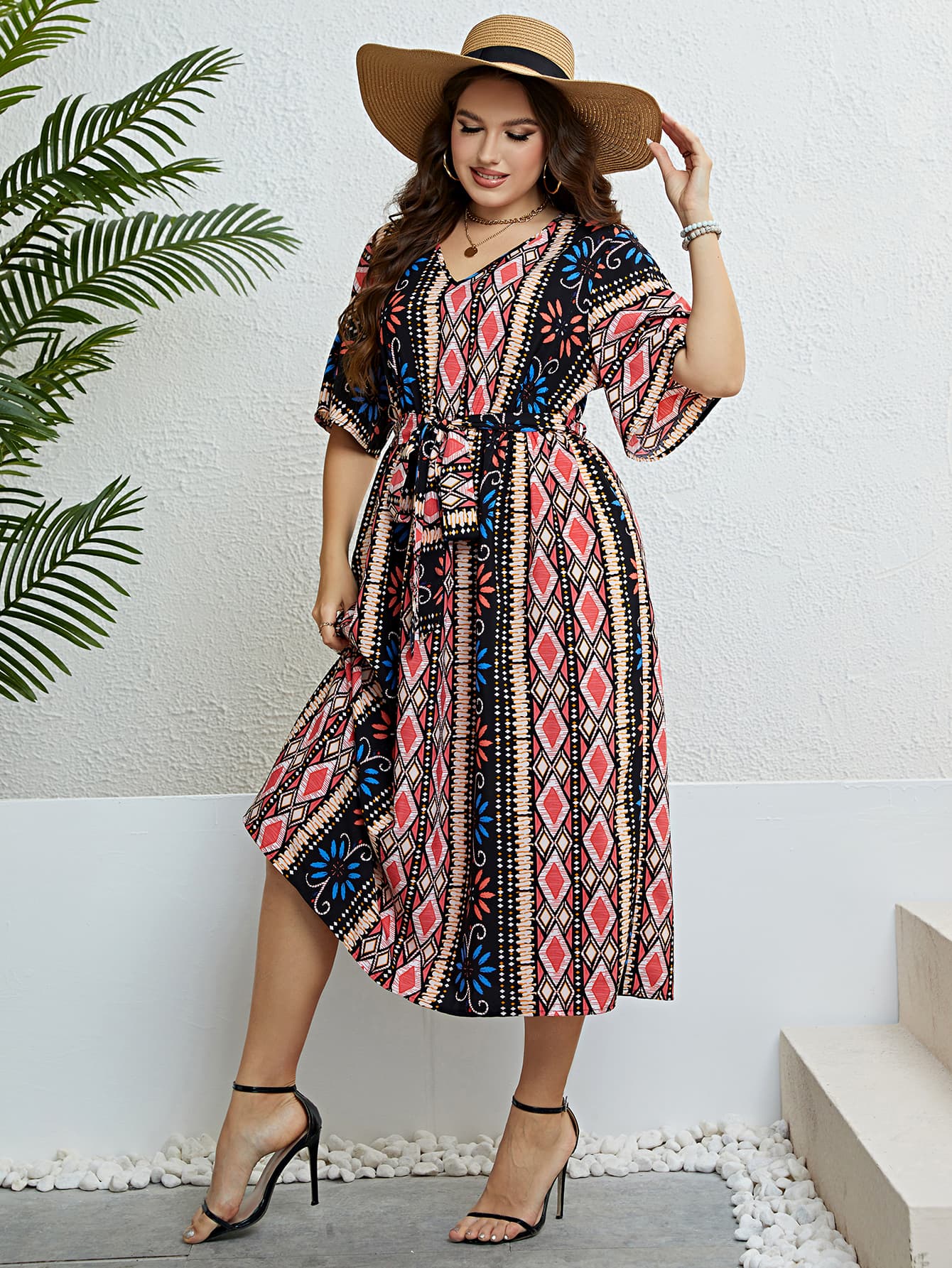 Plus Size Bohemian V-Neck Tie Belt Midi Dress 