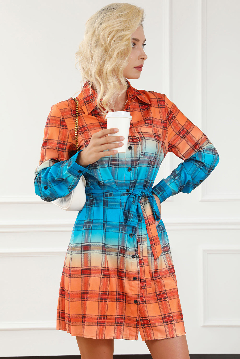 Plaid Button Up Tie-Waist Dress 