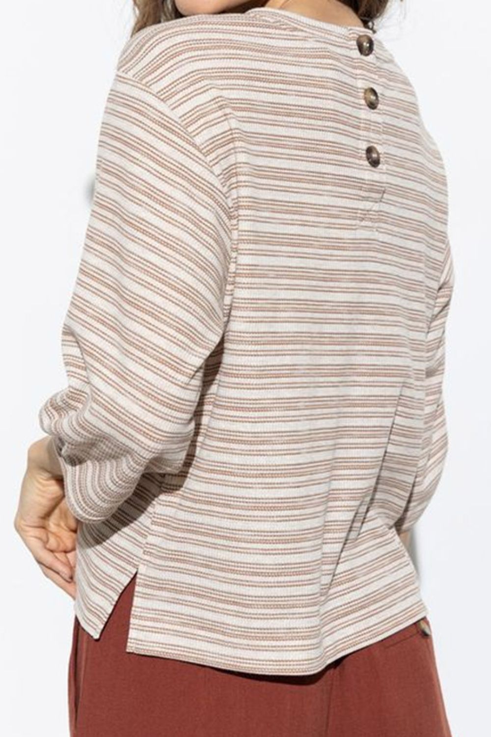 Striped Round Neck Buttoned Back T-Shirt 