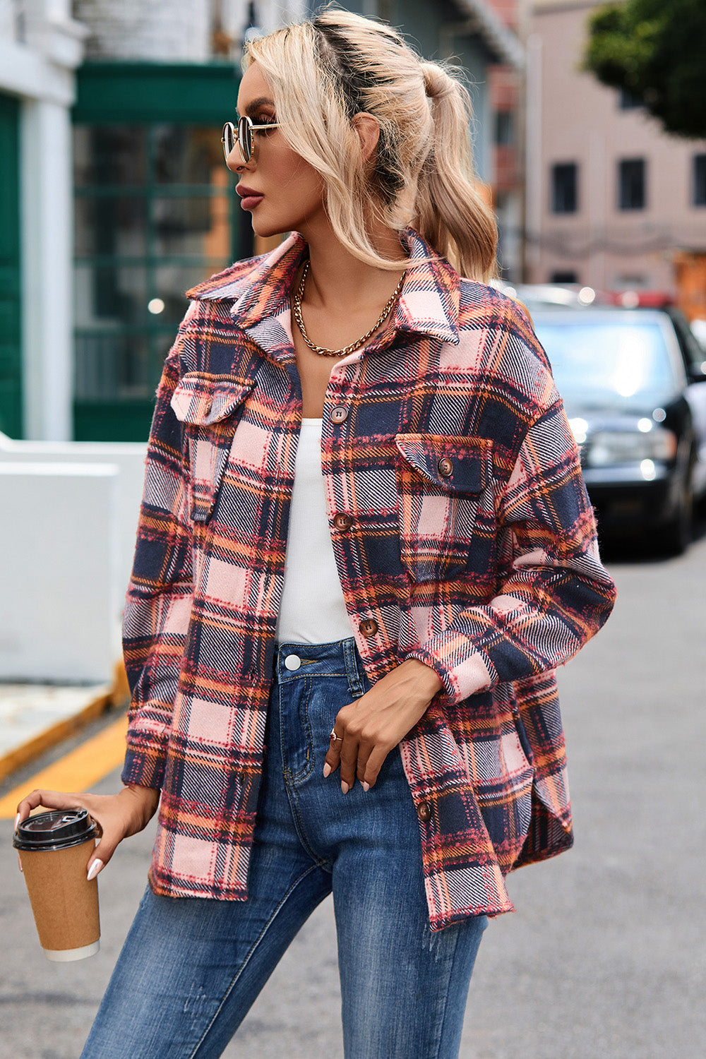 Plaid Dropped Shoulder Shirt Jacket 