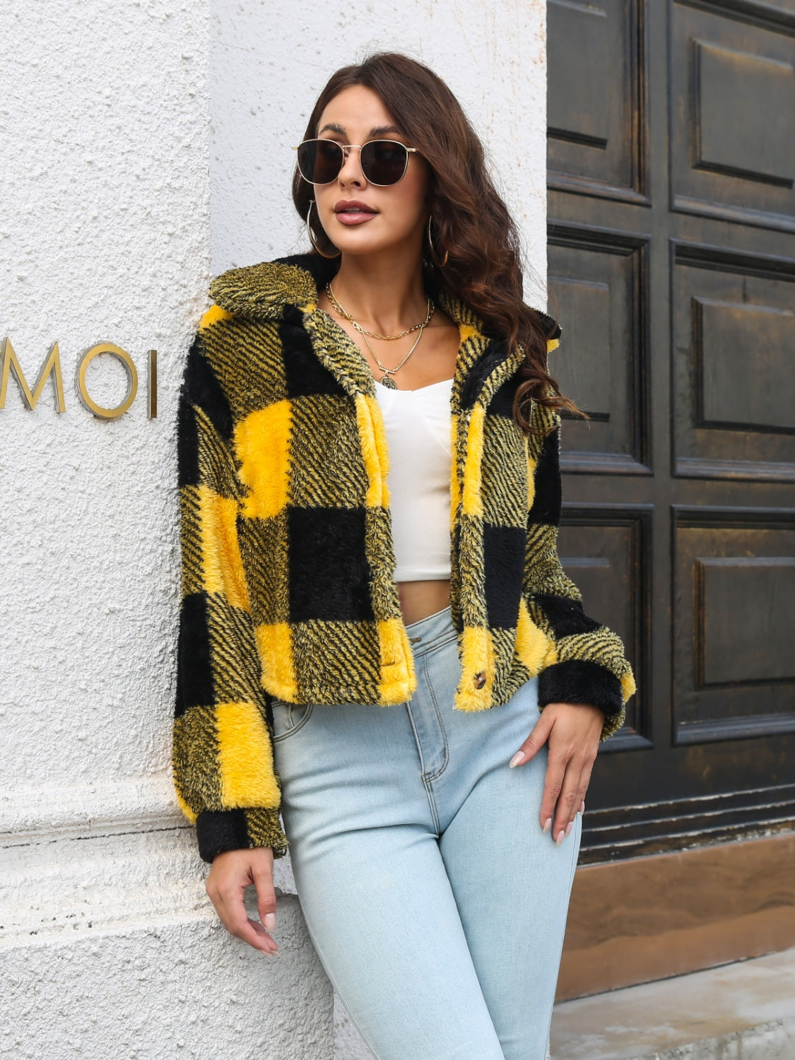 Plaid Dropped Shoulder Buttoned Jacket 