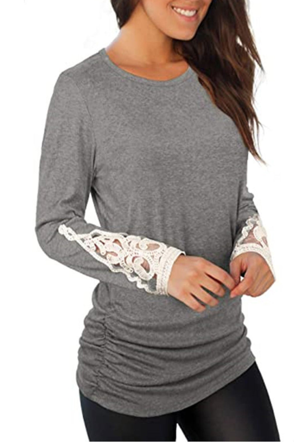 Lace Detail Long Sleeve Round Neck T-Shirt 