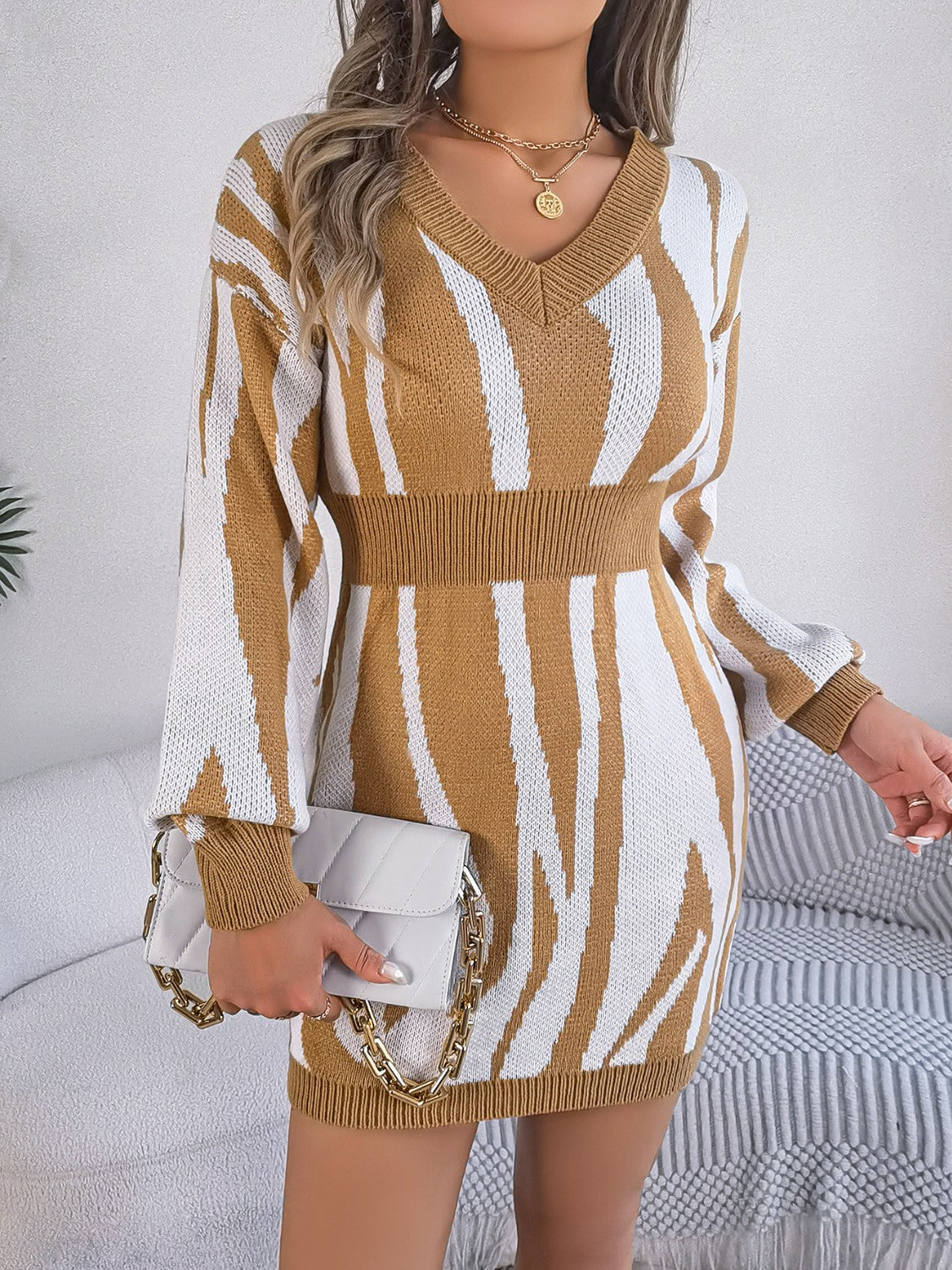 Animal Print V-Neck Long Sleeve Sweater Dress 