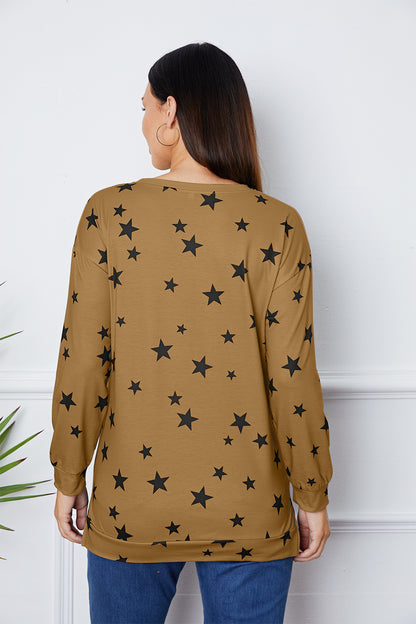 Star Print Round Neck Dropped Shoulder Sweatshirt