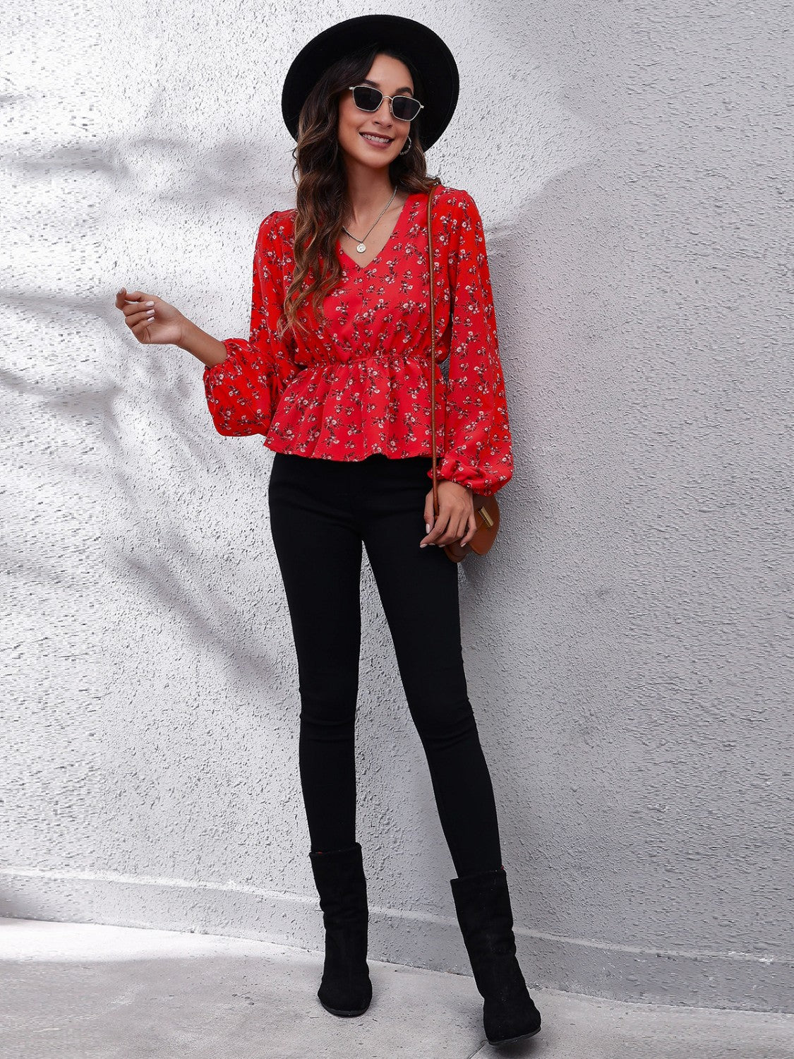 Floral V-Neck Balloon Sleeve Peplum Blouse 