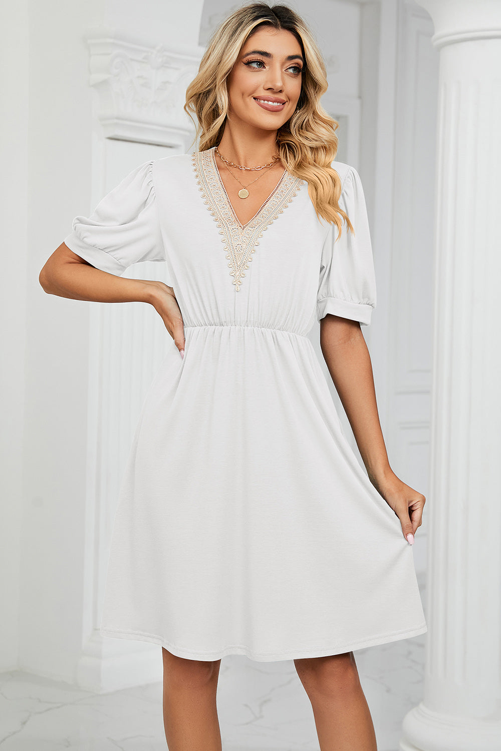 V-Neck Puff Sleeve Dress 