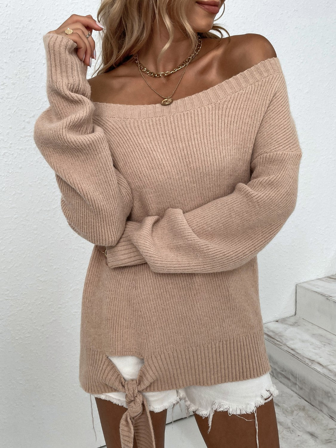 Ribbed Tied Off-Shoulder Sweater 