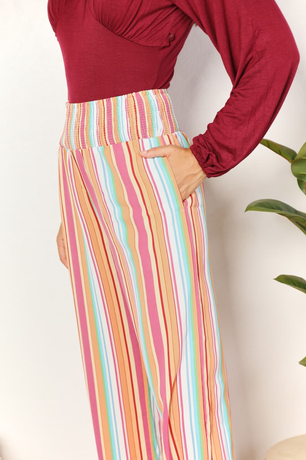 Double Take Striped Smocked Waist Pants with Pockets 