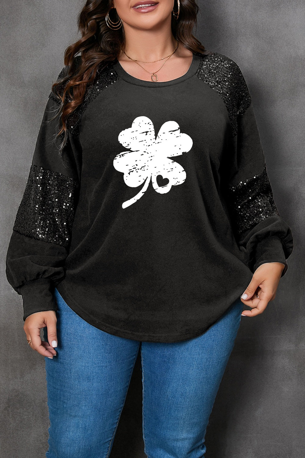 Plus Size Lucky Clover Sequin Round Neck Blouse 