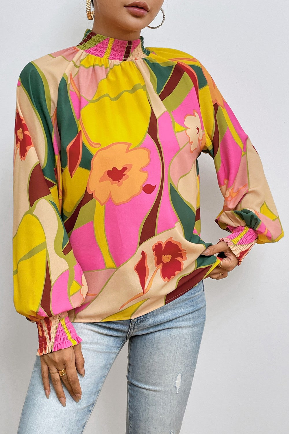 Floral Smocked Lantern Sleeve Mock Neck Blouse - Babbazon blouse