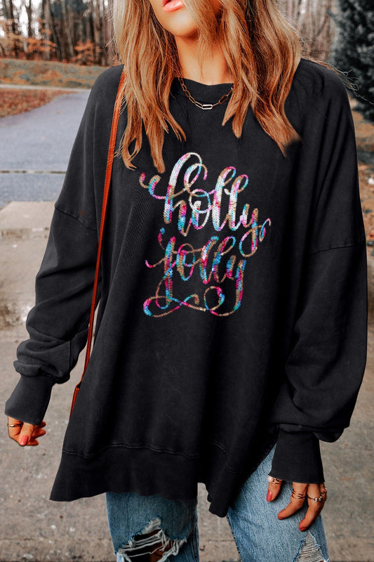 HOLLY JOLLY Sequin Round Neck Long Sleeve Slit Sweatshirt - Babbazon sweatshirt