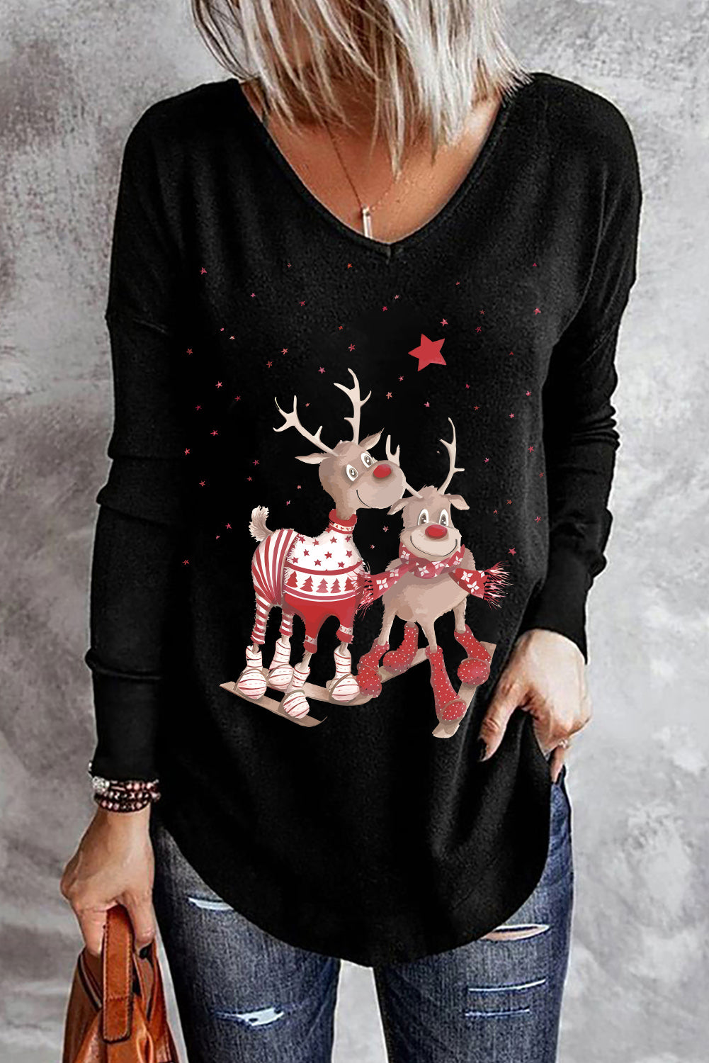 Graphic V-Neck Long Sleeve Top 