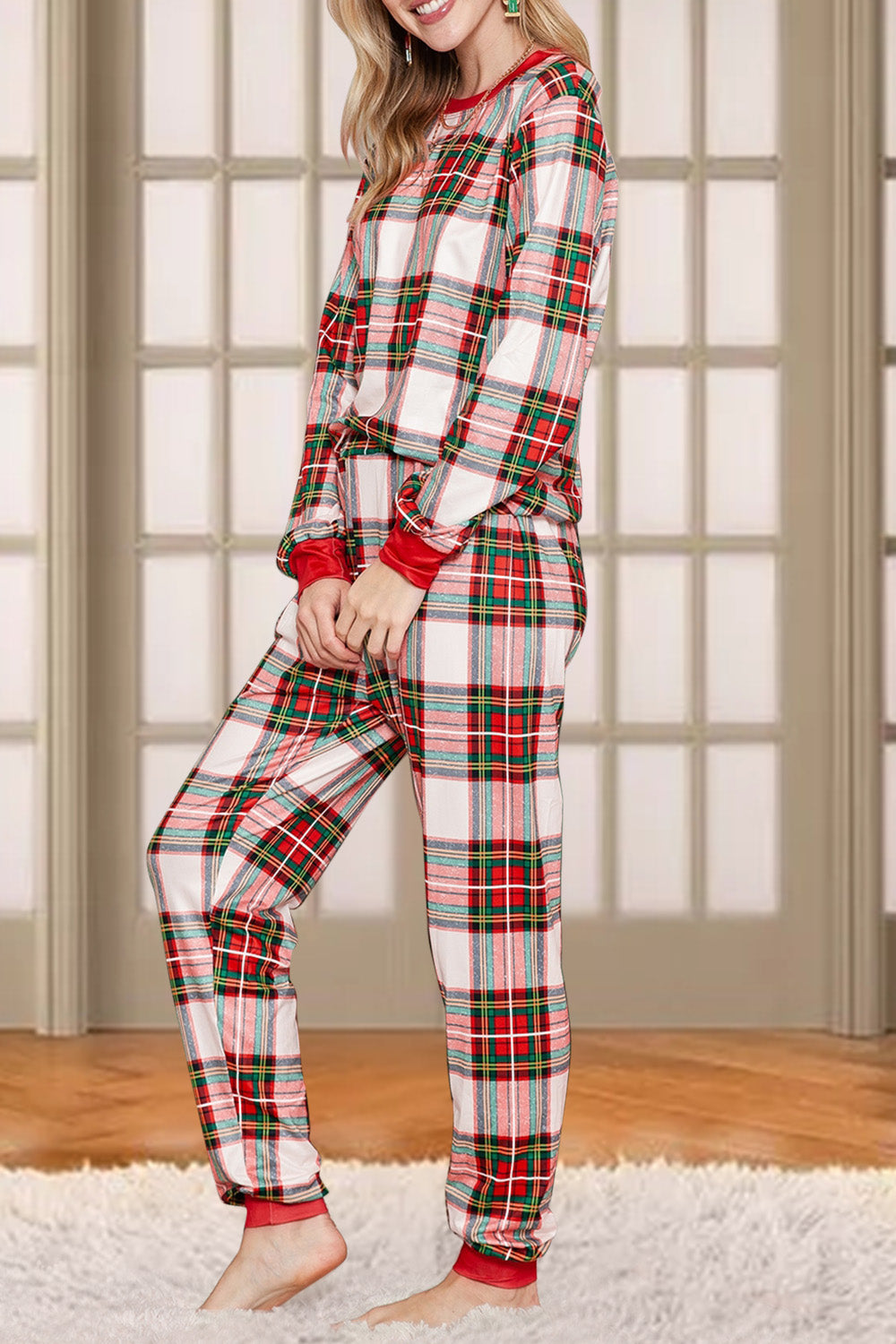 Plaid Round Neck Top and Pants Set 