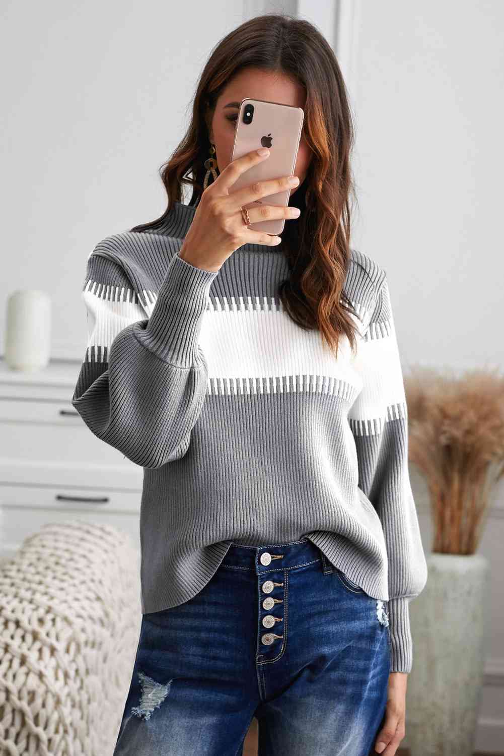 Color Block High Neck Lantern Sleeve Pullover Sweater 