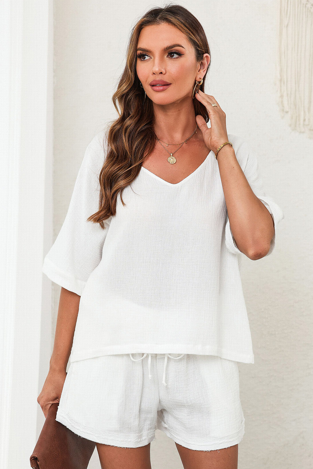 V-Neck Half Sleeve Top and Shorts Set 