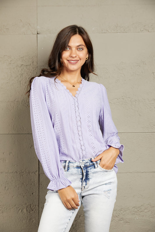 Double Take Eyelet V-Neck Flounce Sleeve Blouse 