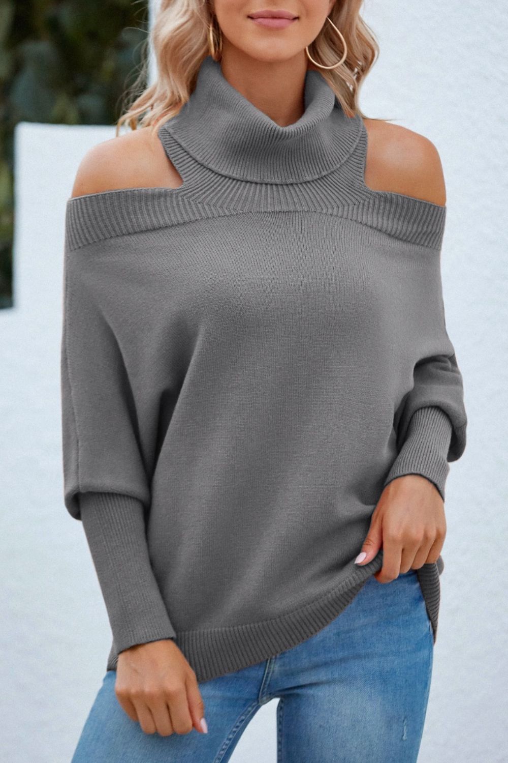 Off Shoulder Turtleneck Batwing Sleeve Sweater 