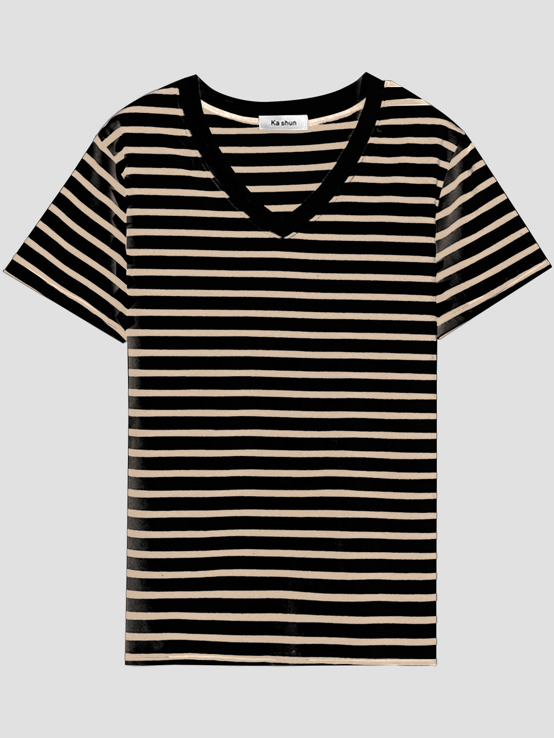 Plus Size Striped V-Neck Short Sleeve T-Shirt - Babbazon Tops