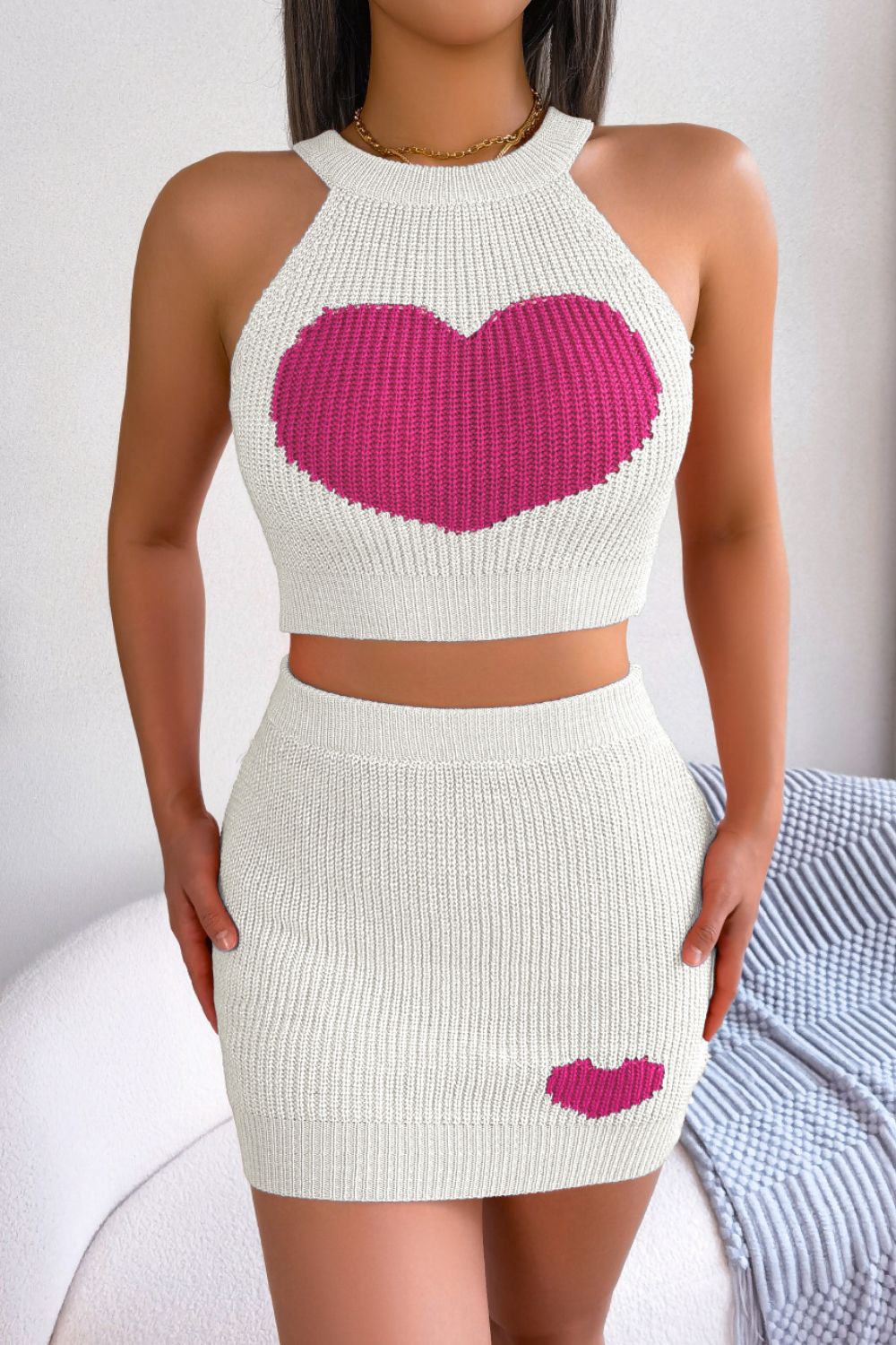 Heart Contrast Ribbed Sleeveless Knit Top and Skirt Set 