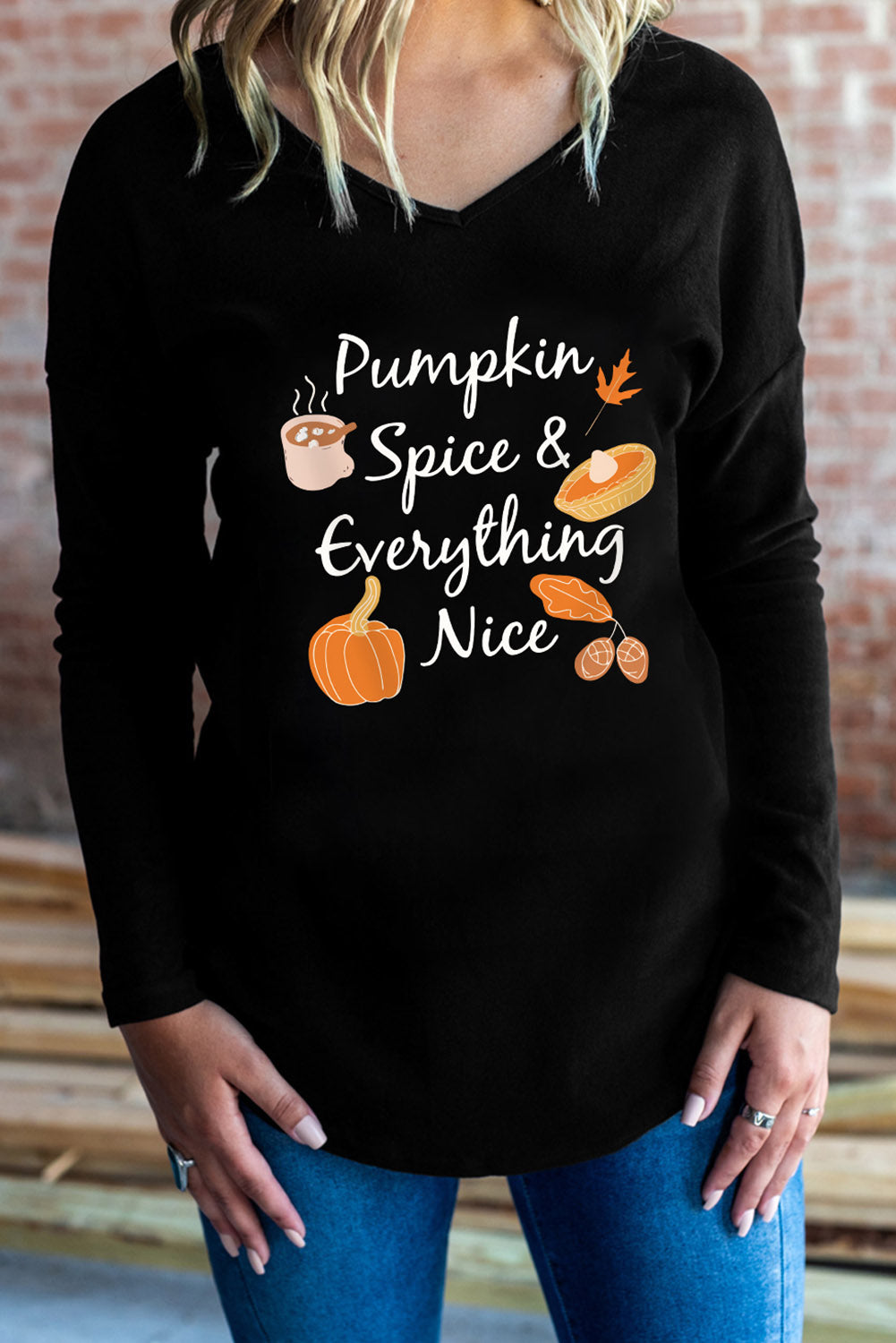 Fall Theme V-Neck Long Sleeve T-Shirt 