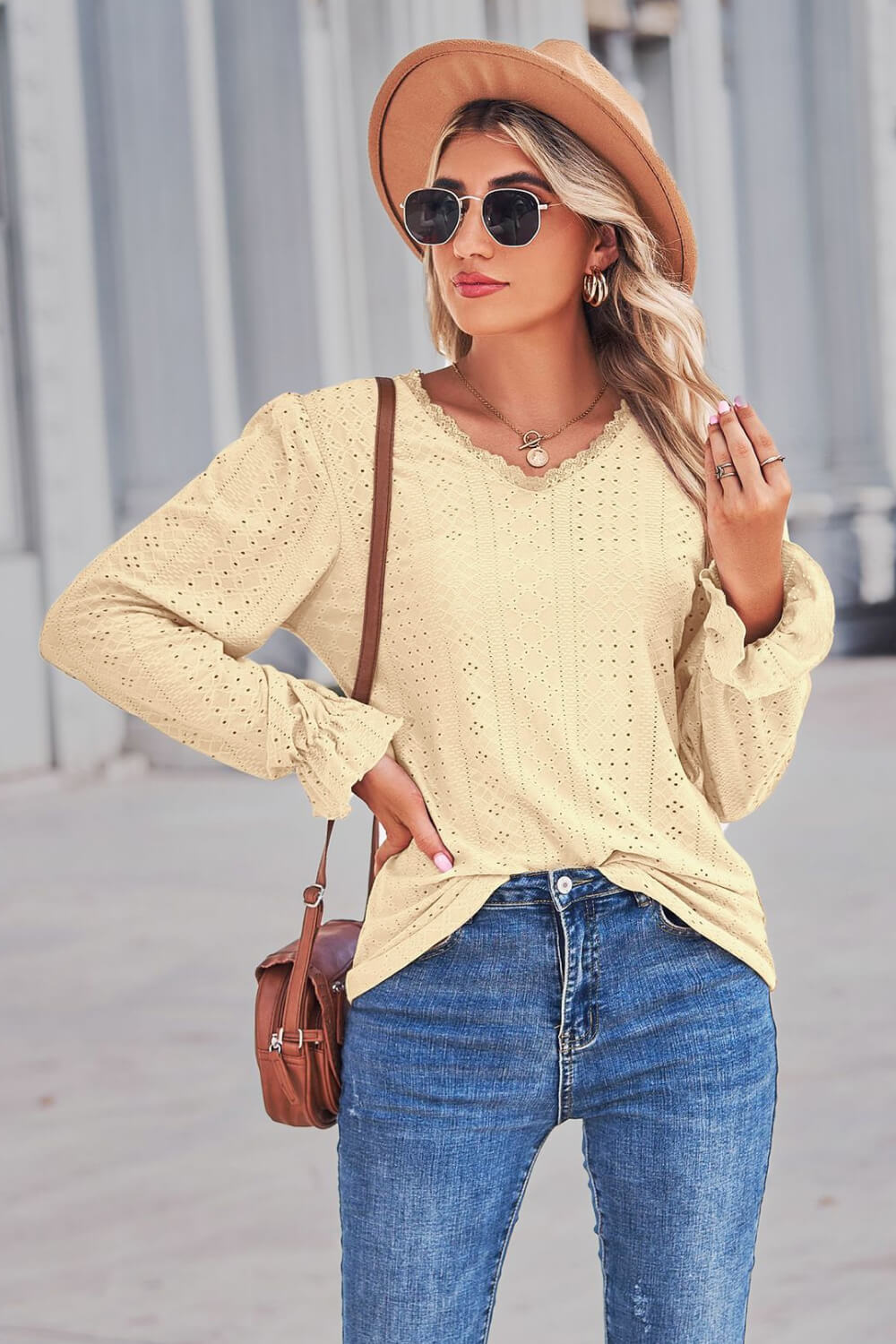 Lace Trim V-Neck Flounce Sleeve Top 